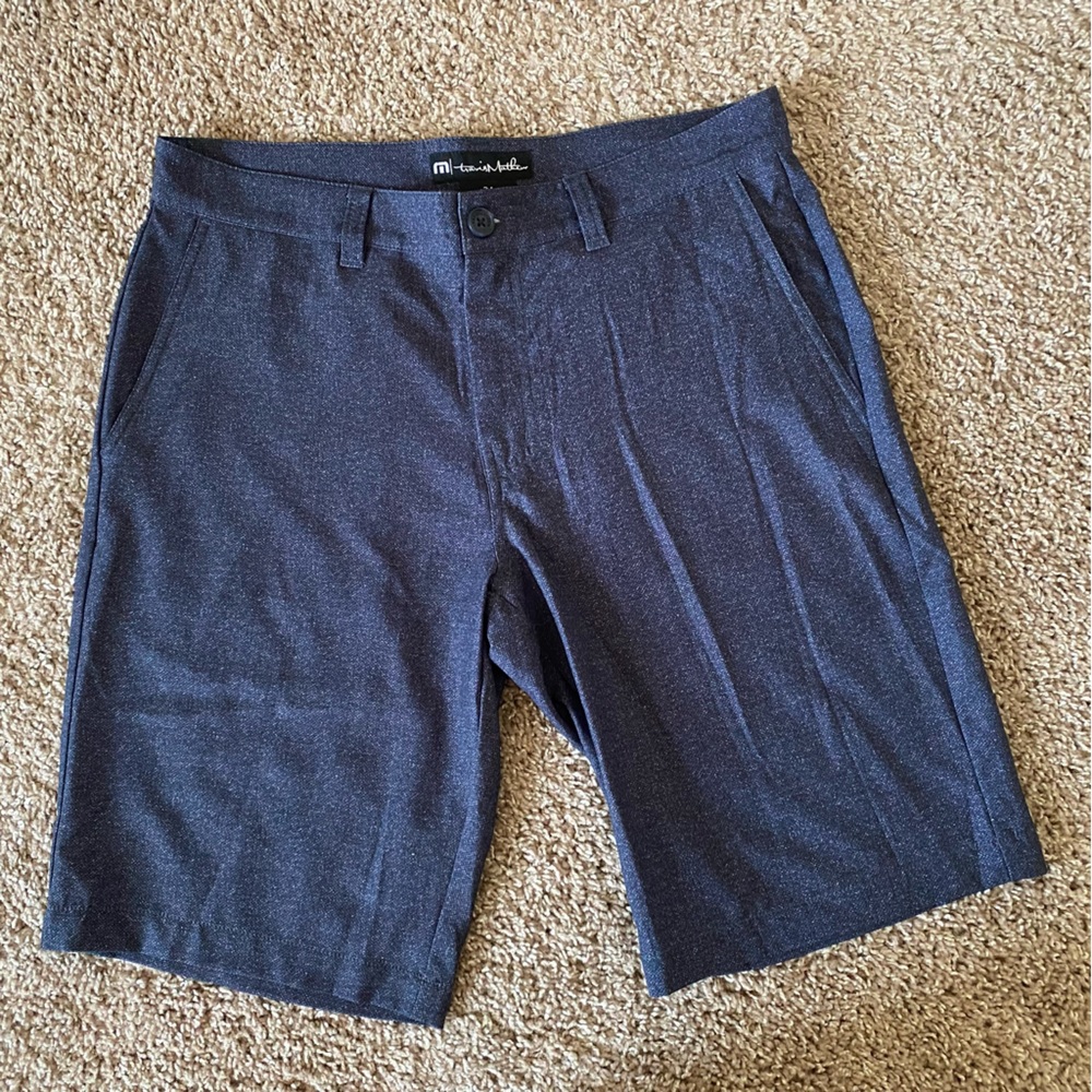 Travis Mathew Shorts Mens 34 Navy Blue Golf Performance Chino Stretch Pattern